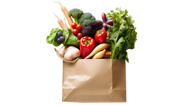 Paper bag full of healthy vegetables, isolated on transparent background