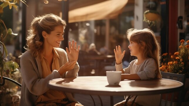 Smiling mother and adorable deaf daughter communicating, speaking sign language, sitting at street cafe.