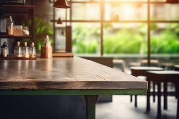 Empty loft cafe kitchen with table on blurred green background. Generative AI