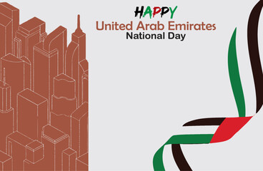 Happy UAE national day. Greeting card with UAE flag and the symbolic buildings. Editable vector for reuse in media and web based wishes. eps 10.