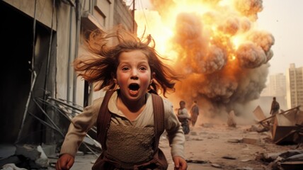Obrazy na Plexi  Innocent civilian running away from missile attack in the city. Kids and family escape from surprise military operation with fear and scare.