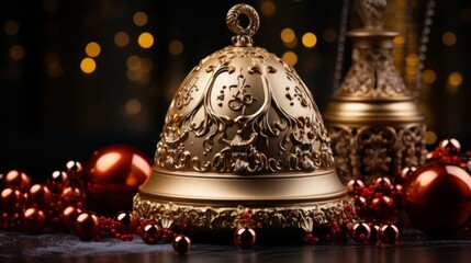Christmas bell on the Christmas tree, decorative Christmas bell background, golden Christmas bell, dark background with copy space