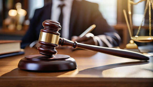 Close-up of gavel on judge desk, symbolizing court trial, justice and legal decisions in courtroom