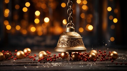 Christmas bell on the Christmas tree, decorative Christmas bell background, golden Christmas bell, dark background with copy space - obrazy, fototapety, plakaty