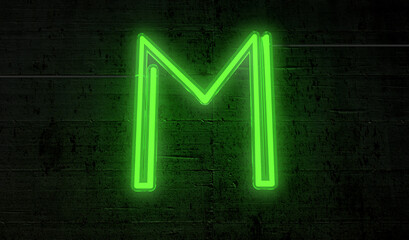 Bright neon letter 'M' on a background of black bricks, projecting an electrifying aura.