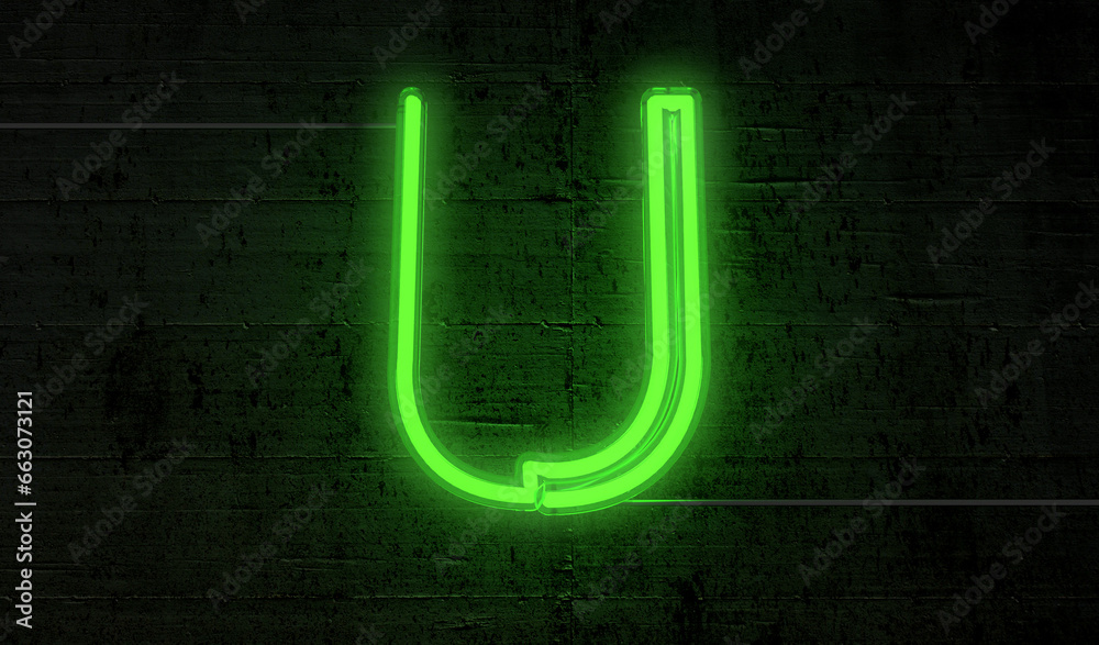 Wall mural Bright neon letter 'U' on a background of black bricks, projecting an electrifying aura. - Wall murals
