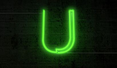 Bright neon letter 'U' on a background of black bricks, projecting an electrifying aura. - obrazy, fototapety, plakaty