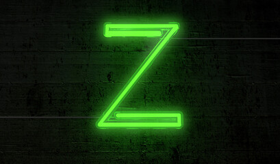 Bright neon letter 'Z' on a background of black bricks, projecting an electrifying aura.