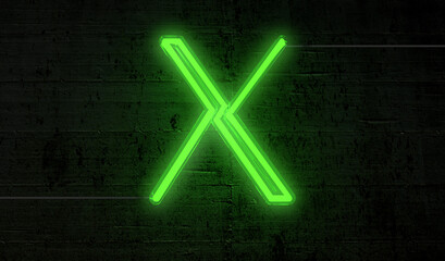 Bright neon letter 'X' on a background of black bricks, projecting an electrifying aura.