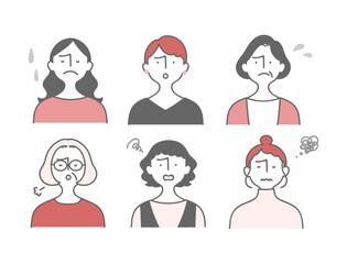 Negative women face upper body icon illustration set／ネガティブな顔の女性の上半身アイコンイラストセット