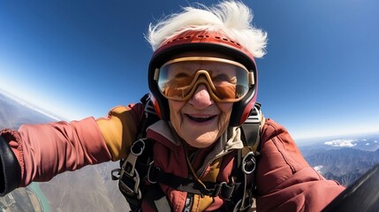 Adventurous senior lady finds pure joy while taking a skydiving plunge. - Powered by Adobe