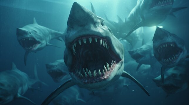 aliens that are also sharks 3D photorealistic surreal.Generative AI