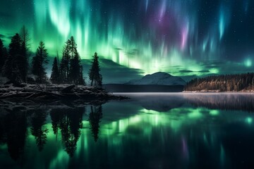 Fototapeta na wymiar the northern lights reflected in still lake water. Generative AI