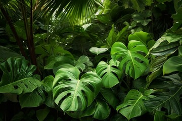 Green foliage of a philodendron plant in a lush tropical forest. Generative AI