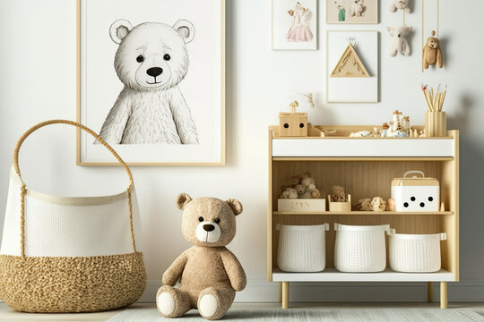 A trendy and lovely Scandinavian child's room with mock-up poster, white shelf, natural toys, hanging kid-size basket for accessories, and teddy bears. Minimalist interior design. Generative AI