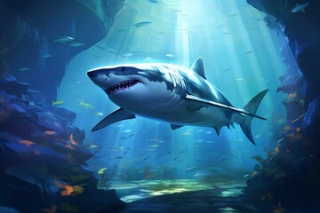 a captivating scene of a brightly illuminated shark: a breathtaking exhibit of underwater strength and elegance. Generative AI
