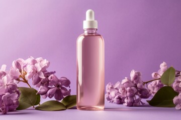 Obraz na płótnie Canvas Bottle of organic serum on a lilac backdrop - modern and nature-inspired design. Generative AI