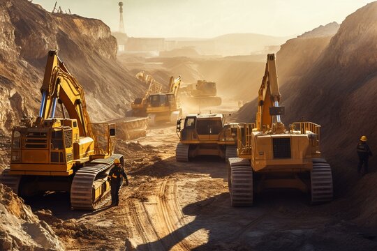 A team of excavators operating at an open mining construction site. Generative AI