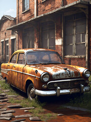 an old rusty car is parked on a wooden platform