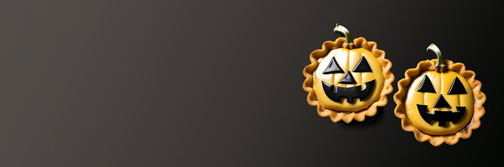 Pies with pumpkin face for Halloween. AI generated content