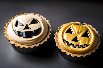 Pies with pumpkin face for Halloween. AI generated content