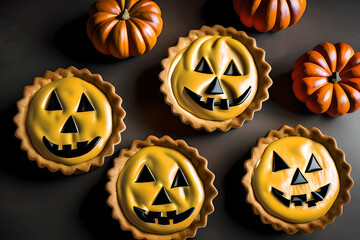Pies with pumpkin face for Halloween. AI generated content