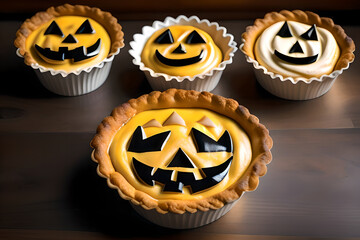 Pies with pumpkin face for Halloween. AI generated content