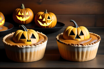 Pies with pumpkin face for Halloween. AI generated content