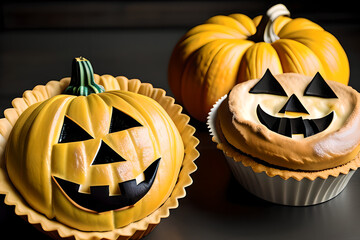 Pies with pumpkin face for Halloween. AI generated content