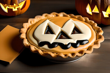 Pies with pumpkin face for Halloween. AI generated content
