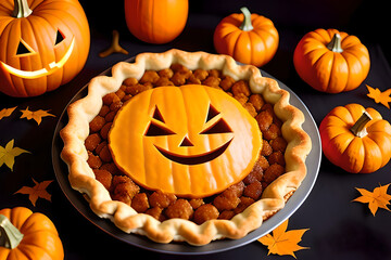 Pumpkin pie and pumpkin with scary face. Halloween tradition. AI generated content
