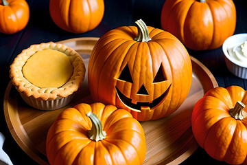 Pumpkin pie and pumpkin with scary face. Halloween tradition. AI generated content