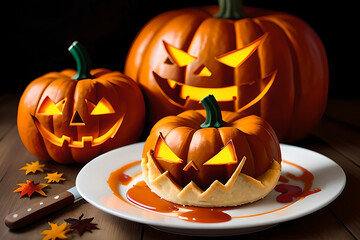 Pumpkin with scary face. Halloween tradition. AI generated content