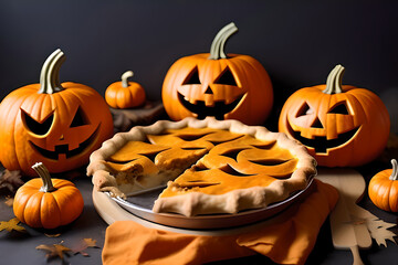Pumpkin pie and pumpkin with scary face. Halloween tradition. AI generated content
