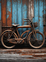Fototapeta na wymiar old bicycle against blue wall