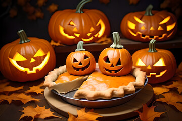 Pumpkin pie and pumpkin with scary face. Halloween tradition. AI generated content