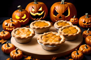 Pumpkin pie and pumpkin with scary face. Halloween tradition. AI generated content