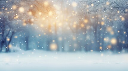 Obraz na płótnie Canvas snowy background with winter trees, in the style of light gold and azure, blurred, bokeh, joyful celebration of nature, generative ai
