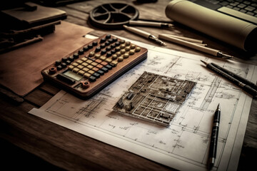 Construction concept, top view, architectural plans on a blueprint with engineering tools inspection in the workplace. Generative AI