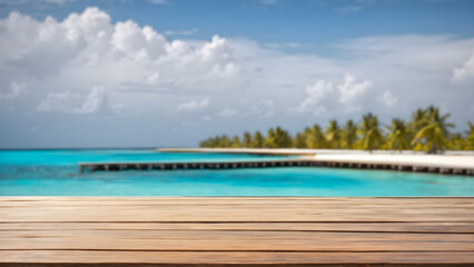 Fototapeta na wymiar empty wooden table with blur beautiful sea background