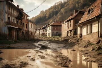 Fototapeta na wymiar A town devastated by flooding due to climate change and global warming. Generative AI