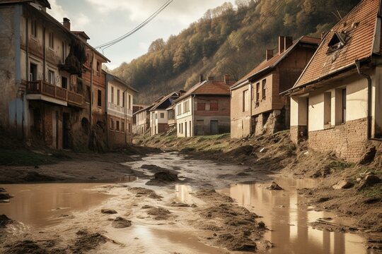 A town devastated by flooding due to climate change and global warming. Generative AI