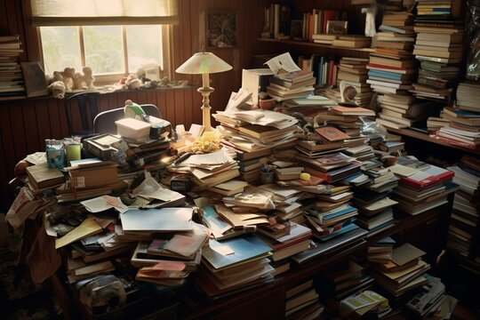 a disorganized desk with numerous books. Generative AI