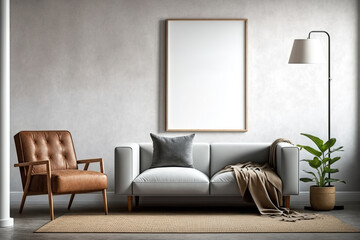 In the inside of a living room with a brown leather sofa and armchair, carpet, floor lamp, and coffee table on hardwood flooring, there is a blank vertical poster on a gray concrete wall. illustration