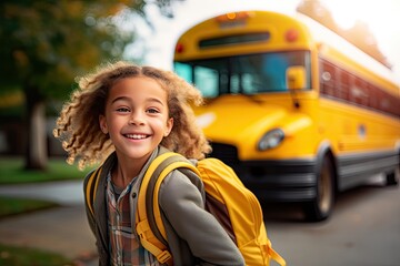 Elementary Student Ready to go to School with school bus