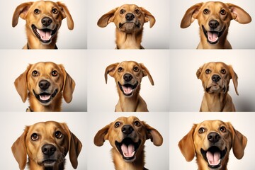 Collage set of 9 dogs portraits with different emotions. White background. funny dog face expression - obrazy, fototapety, plakaty