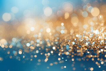 Golden and blue Christmas and New Year holidays background with bokeh, winter season post card....