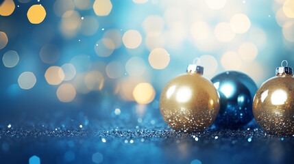 Fototapeta na wymiar Golden and blue Christmas and New Year holidays background with bokeh, winter season post card. Copy space