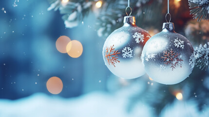 Golden and blue Christmas and New Year holidays background with bokeh, winter season post card. Copy space