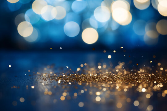 Golden and blue Christmas and New Year holidays background with bokeh, winter season post card. Copy space - Powered by Adobe